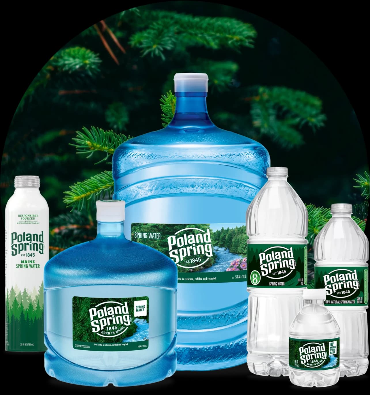 Poland Spring 3-to-5 gallon water bottles, single-serve water bottles